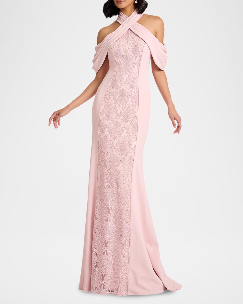 green emerald velvet dress Tadashi Shoji Cassia Bow-Shoulder Crepe Evening Gown ALG1837