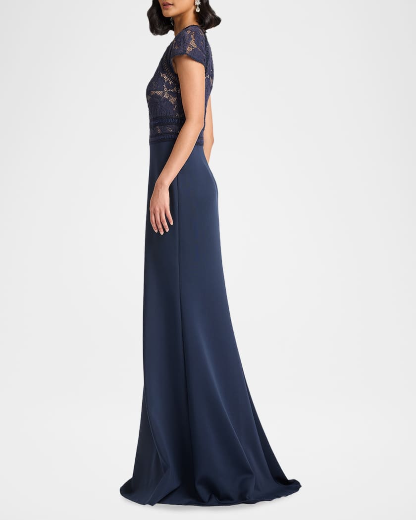 Tadashi Shoji Braid-Trim Lace & Crepe Gown | Neiman Marcus