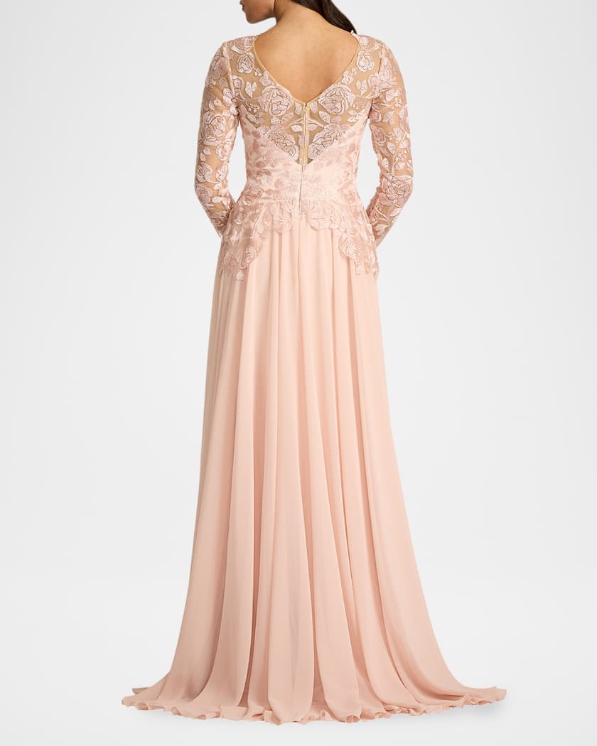 Tadashi Shoji Floral-Embroidered Tulle & Georgette Gown | Neiman Marcus