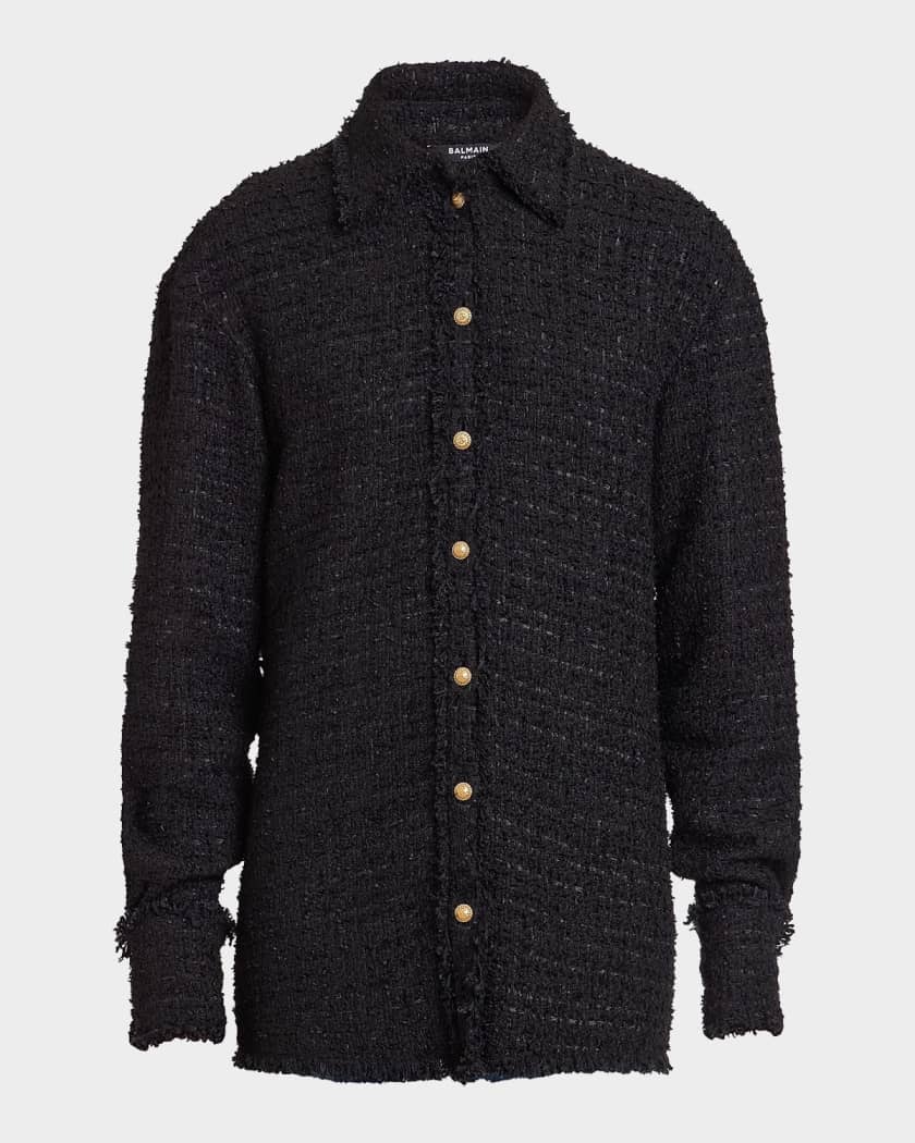 BALMAINバルマン ダメージ加工ボーダー ロングスリーブ Balmain Men's Textured Cotton Tweed Shirt Jacket | Neiman Marcus