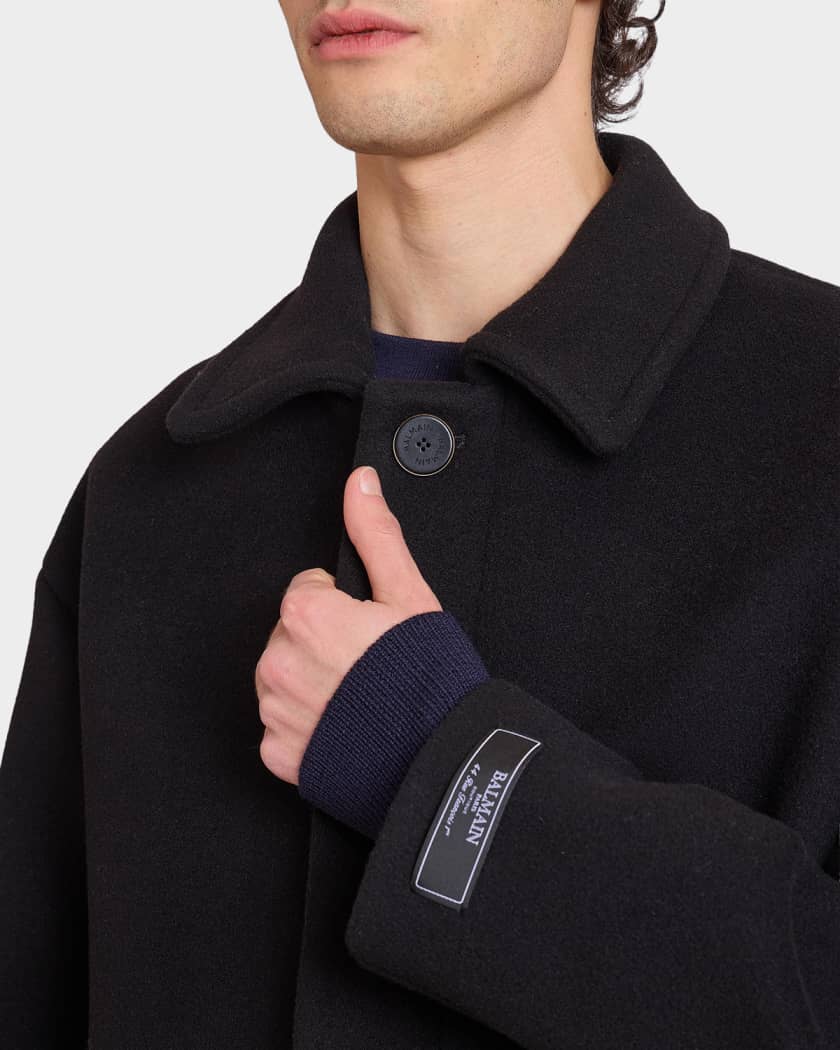 Balmain Men's Leather-Trimmed Cotton Coat | Neiman Marcus