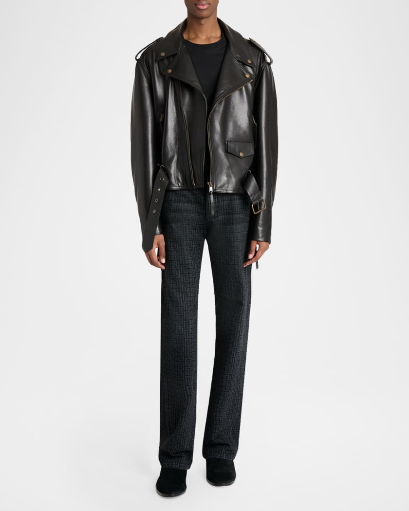 Balmain Men's Cowskin Belted Biker Jacket | Neiman Marcus