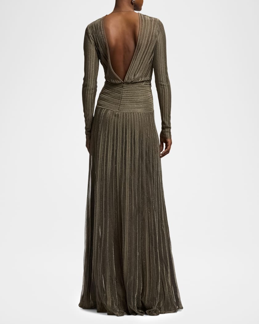 ralph lauren metallic knit dress Ralph Lauren Collection Plunging Twisted Metallic Pleated Knit Maxi Dress