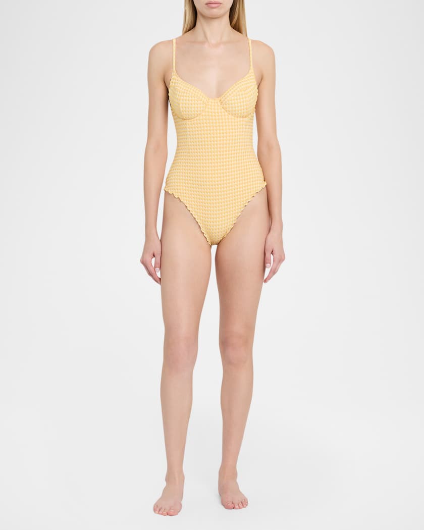 SIMKHAI Suni Textured Gingham One-Piece Swimsuit | Neiman Marcus