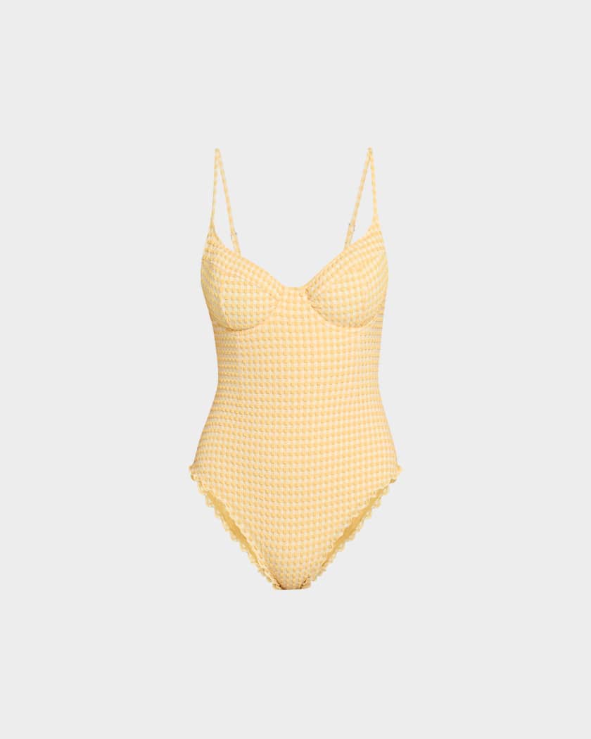 SIMKHAI Suni Textured Gingham One-Piece Swimsuit | Neiman Marcus