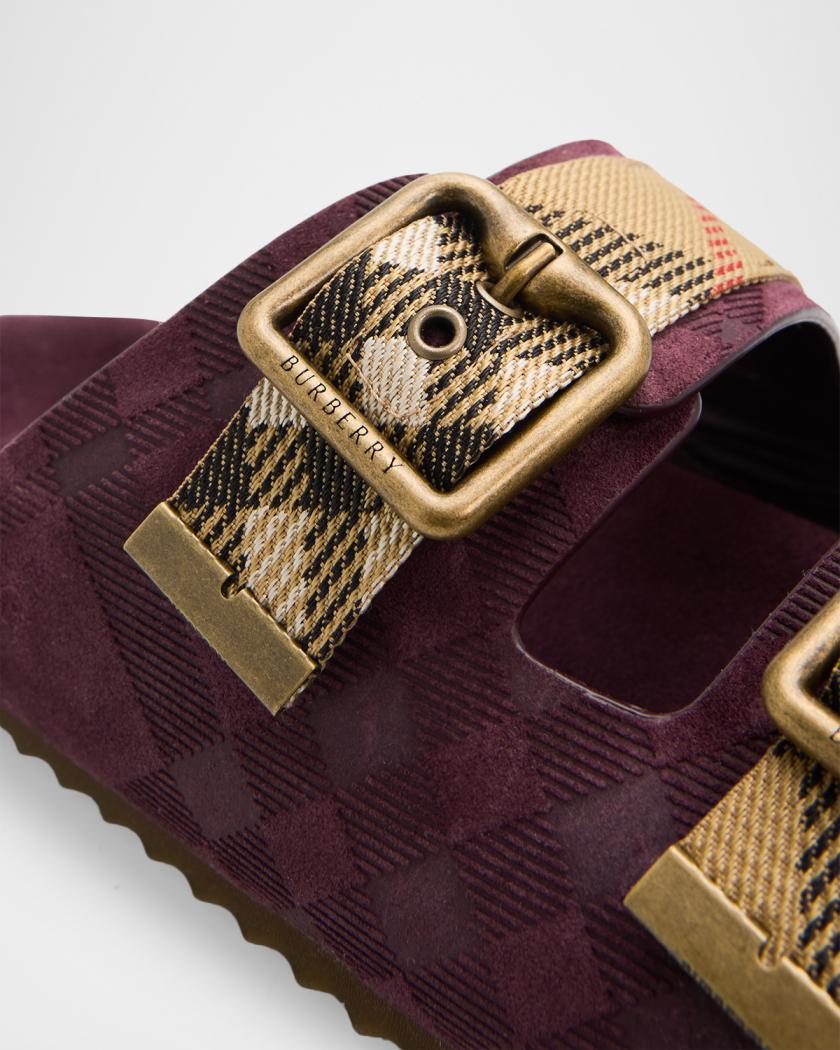 Burberry Urchin Suede Dual-Buckle Slide Sandals | Neiman Marcus display picture 2