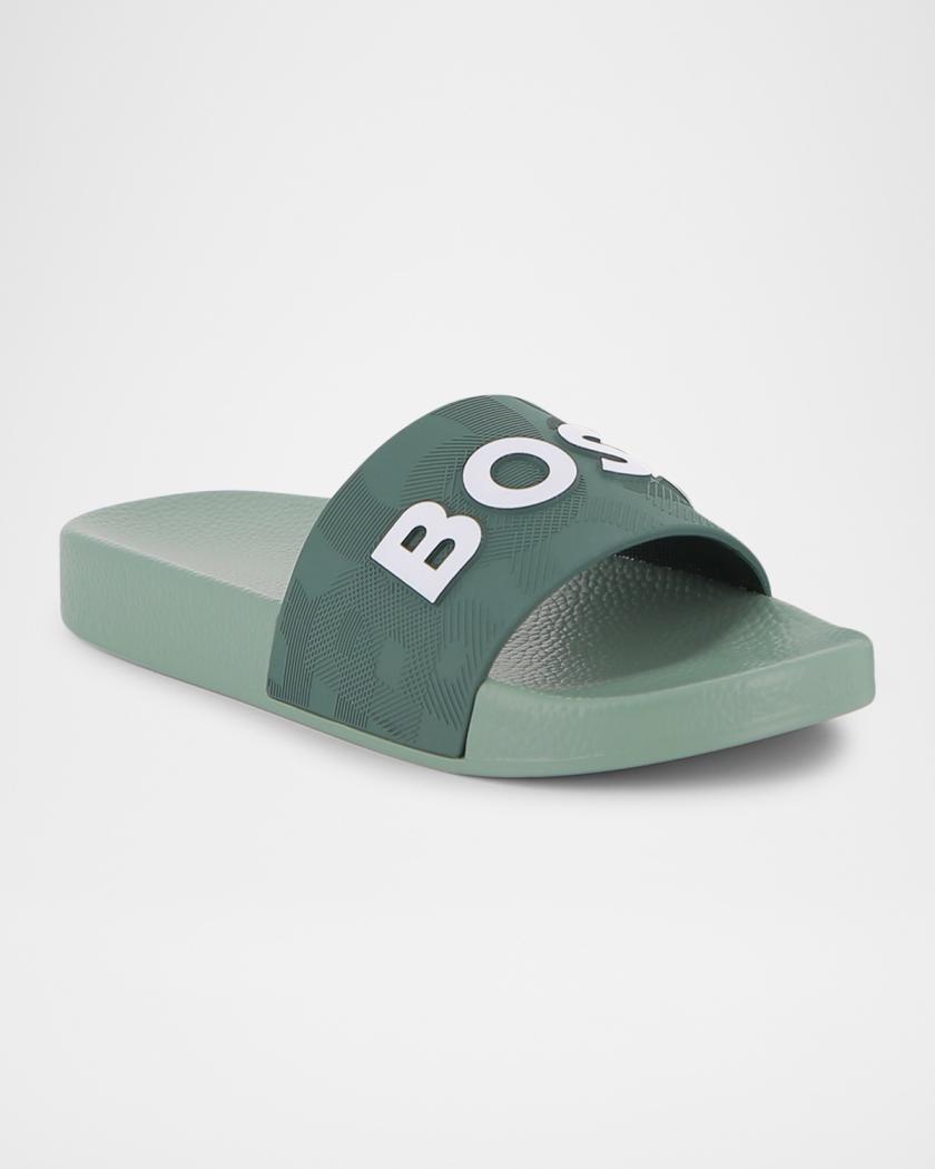 BOSS Bay Logo Slide Sandals Turquoise Aqua Mens EU 44 US 11 BOSS - Italian-made slides with large logo detail - Turquoise main image 4