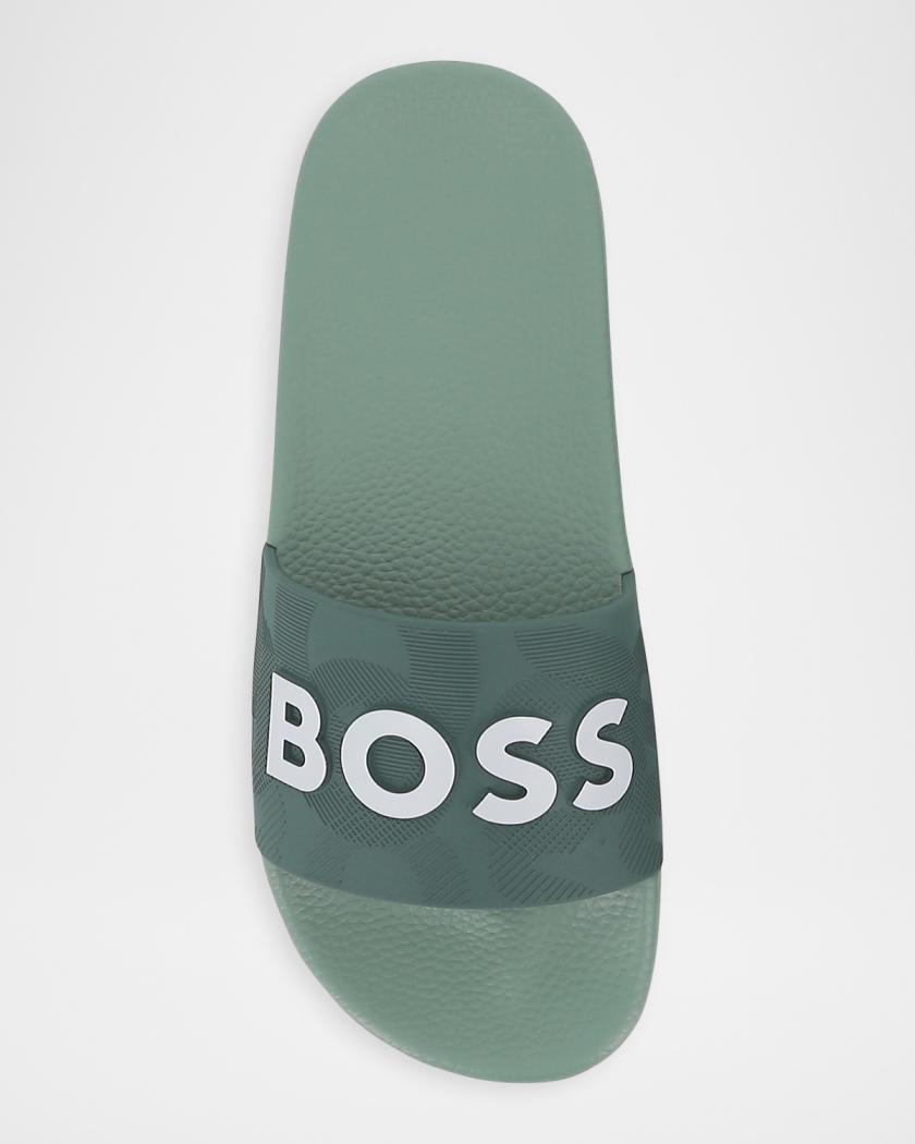 BOSS Bay Logo Slide Sandals Turquoise Aqua Mens EU 44 US 11 BOSS - Italian-made slides with large logo detail - Turquoise main image 2
