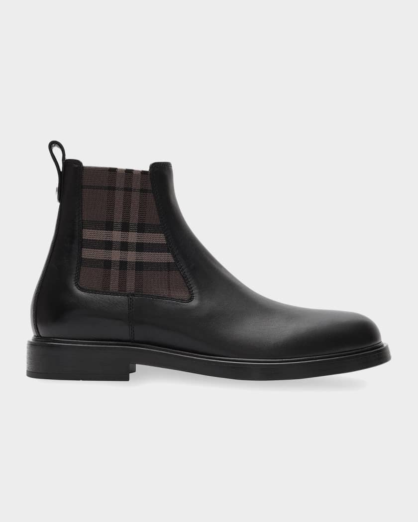 Burberry Men's Pembroke Leather & Check Chelsea Boots | Neiman Marcus