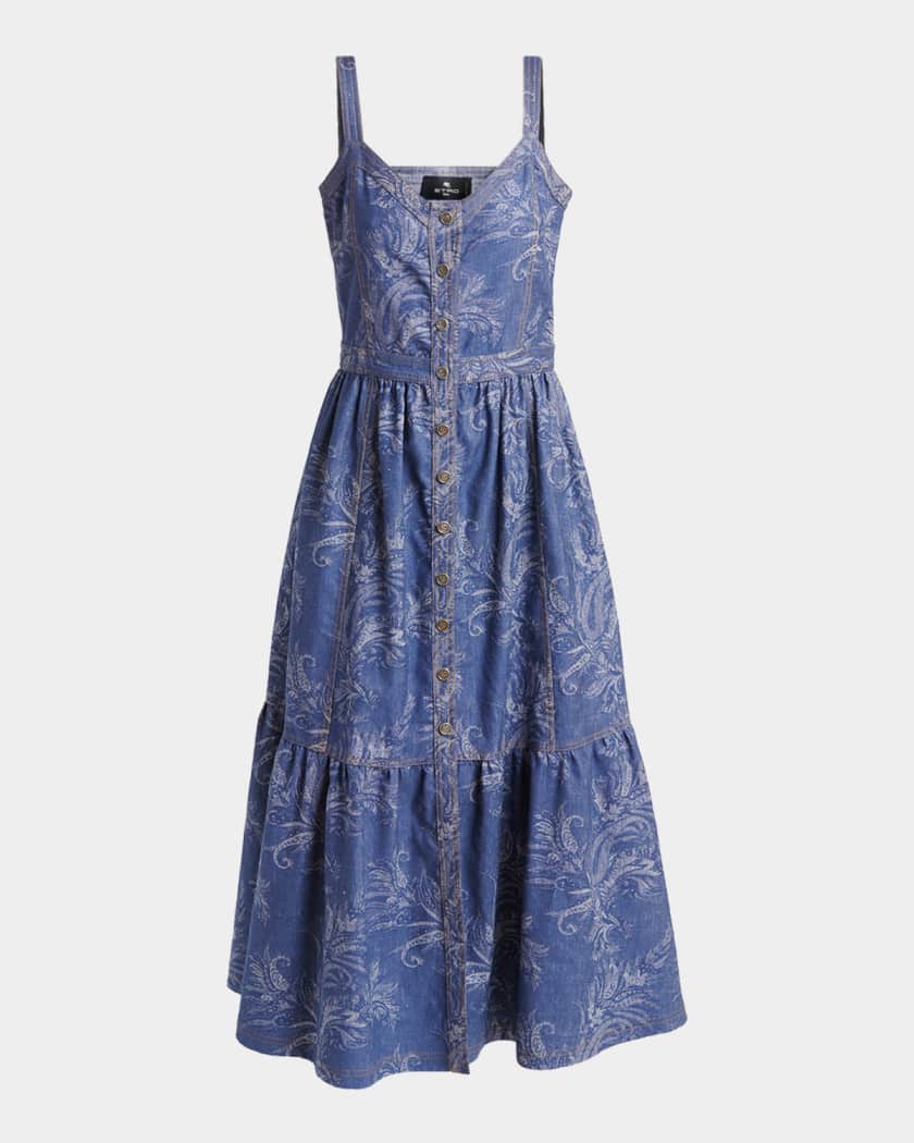 Etro Paisley Denim Jacquard Tiered Button-Front Midi Dress | Neiman Marcus