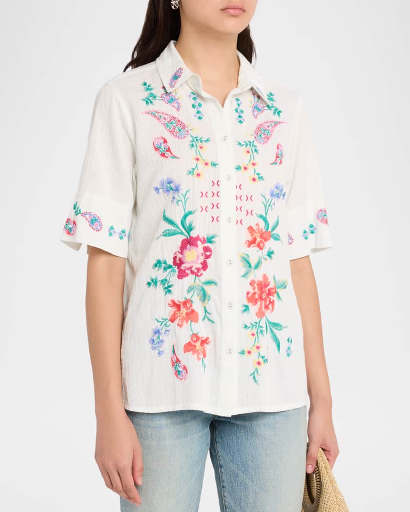 Johnny Was Vintage Floral-Embroidered Cotton Shirt | Neiman Marcus
