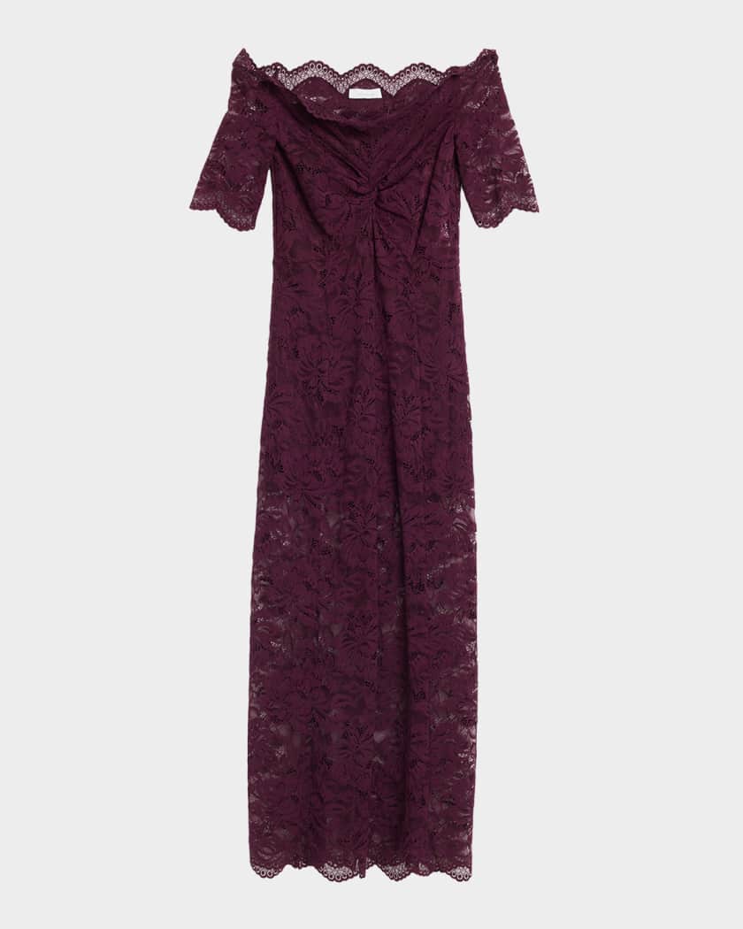rabanne off the shoulder twist front guipure lace midi dress Off-the-shoulder Twist-front Guipure Lace Midi Dress