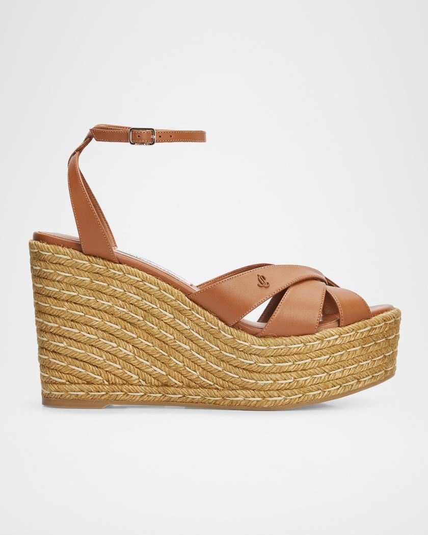るり　【Jimmy Choo】PROUVA ロゴメタルウェッジ サイズ35 Jimmy Choo Korra 100mm Leather & Raffia Wedge Sandals | Neiman Marcus