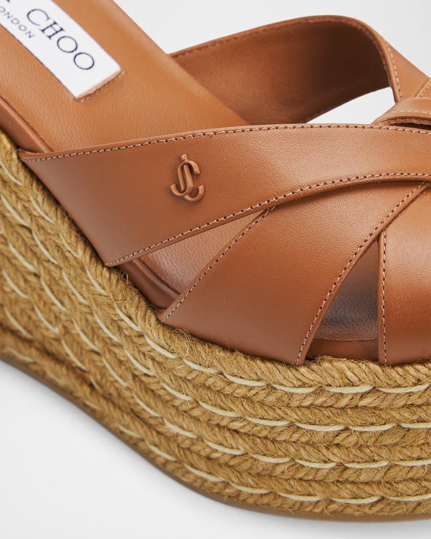 Jimmy Choo Korra 100mm Leather & Raffia Wedge Sandals | Neiman Marcus