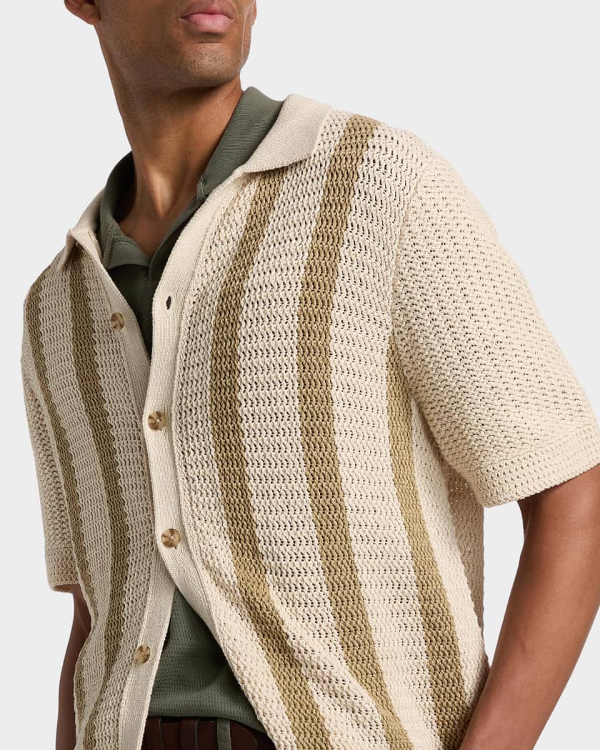 Vince Men's Cotton Stripe Crochet Short-Sleeve Shirt | Neiman Marcus