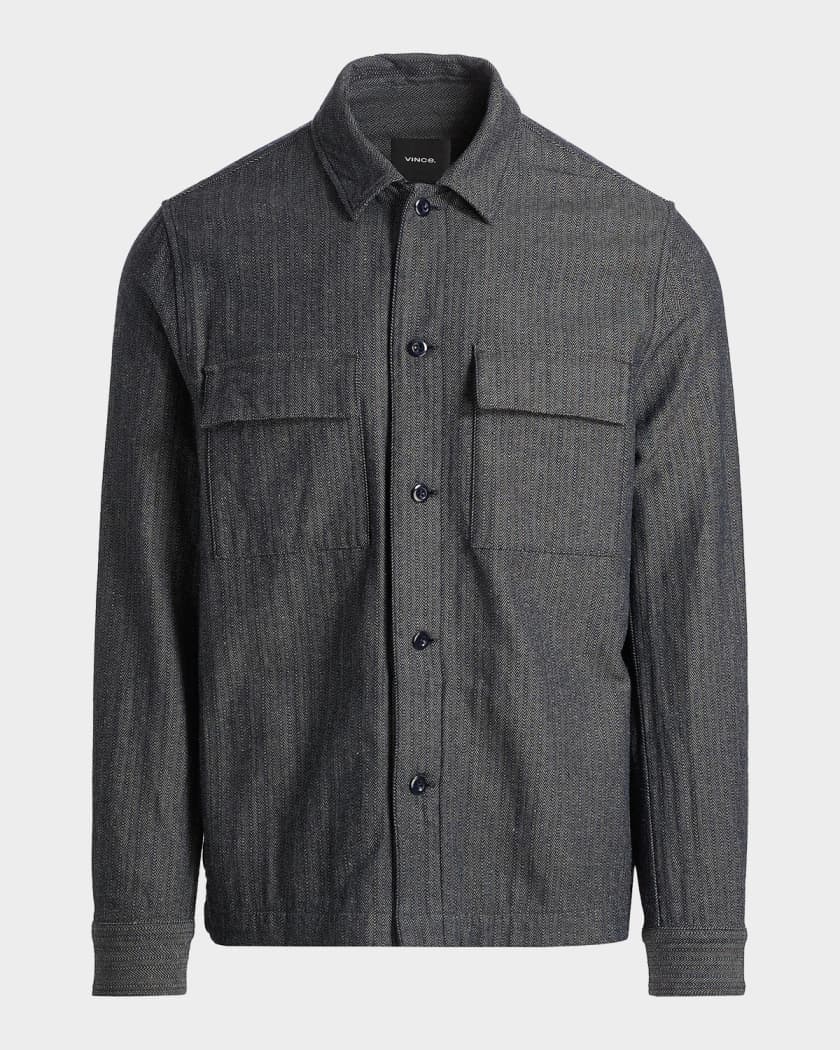 トップス WOOL HERRINGBONE OVER SHIRT A25SB01CH Vince Men's Herringbone Flap-Pocket Overshirt | Neiman Marcus
