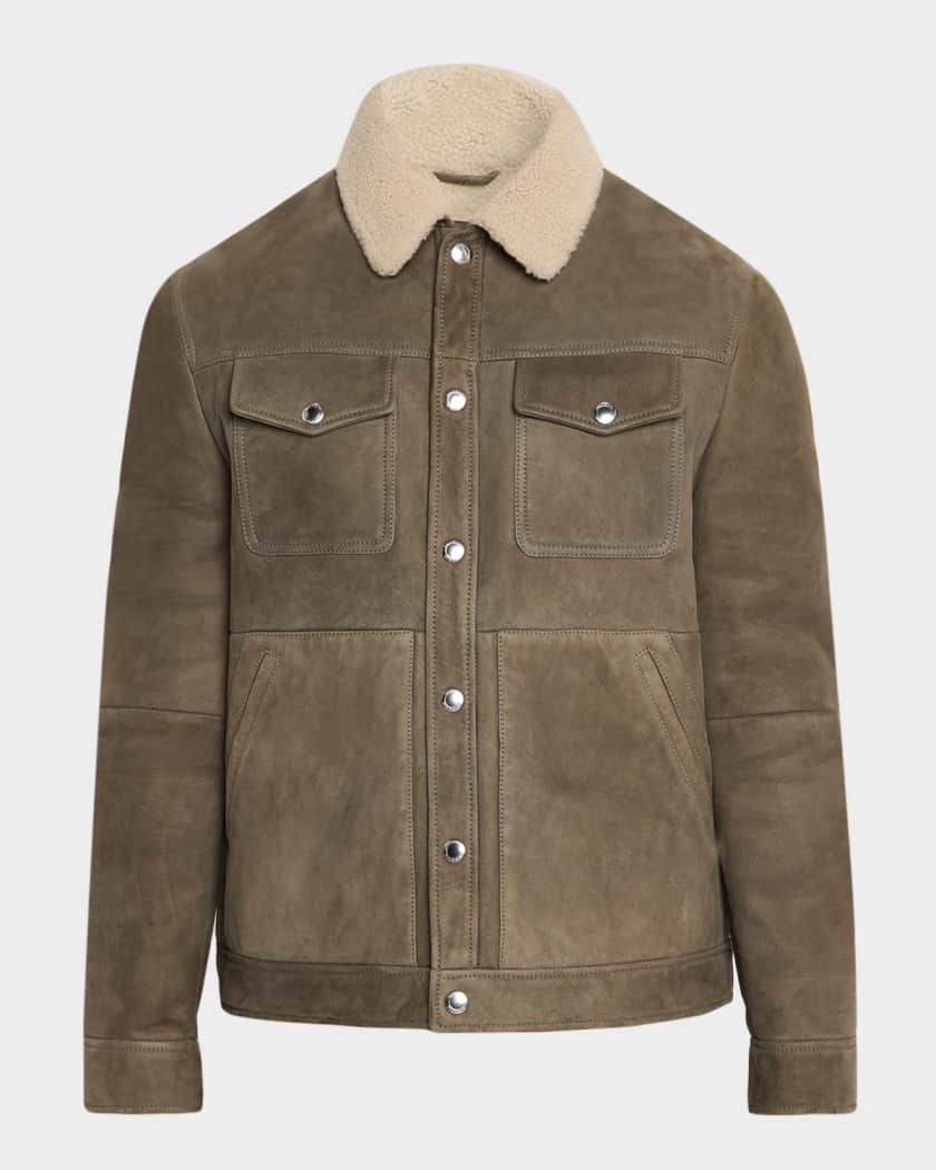 Brunello Cucinelli Men's Shearling-Collar Suede Snap Front Jacket