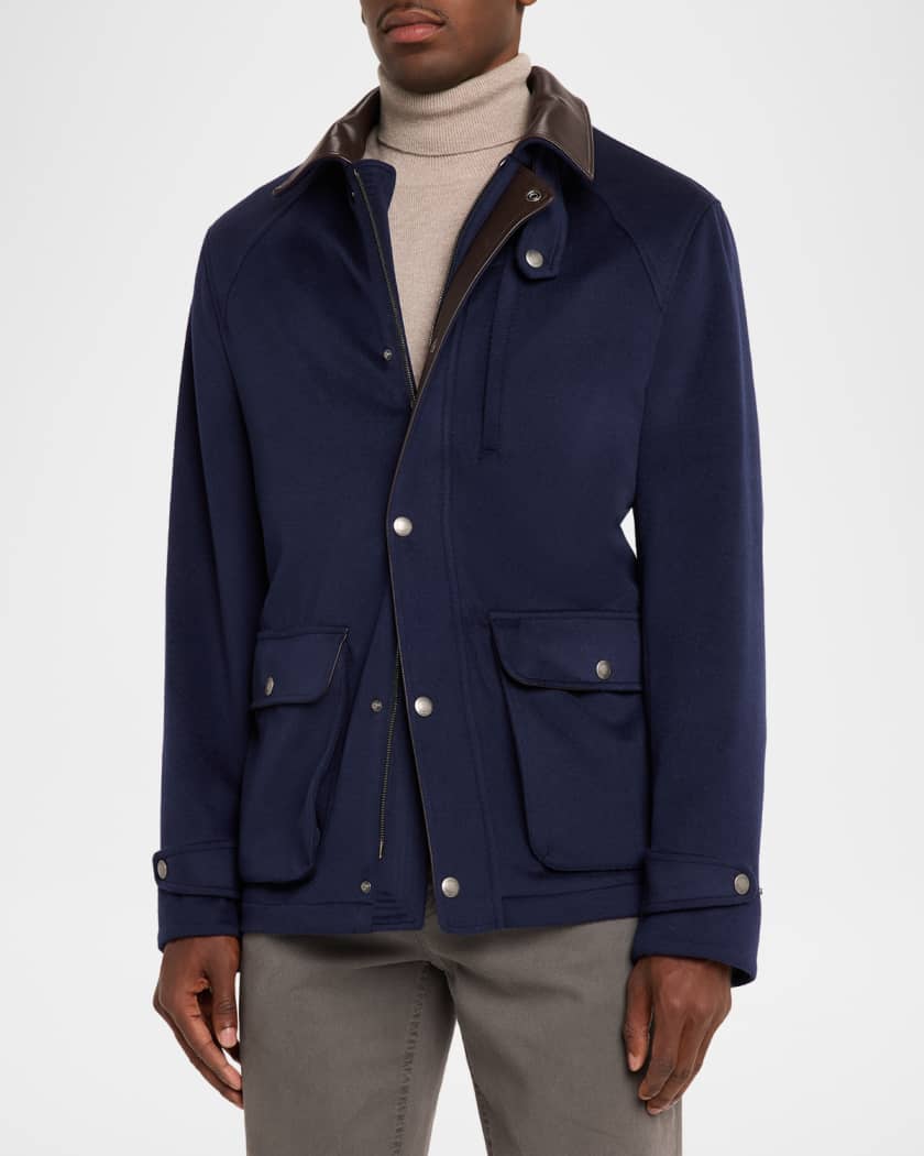 Brunello Cucinelli Men's Wool Leather-Trim Field Jacket | Neiman