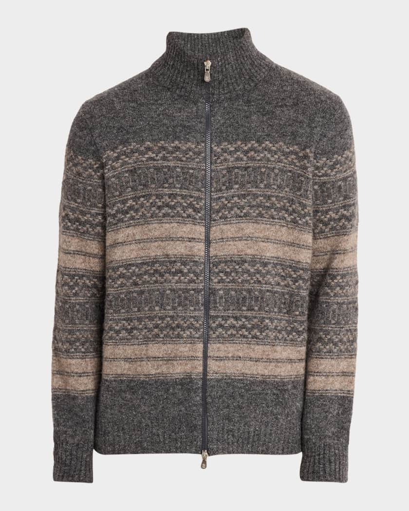 Brunello Cucinelli Men's Geometric Stripe Full-Zip Cardigan