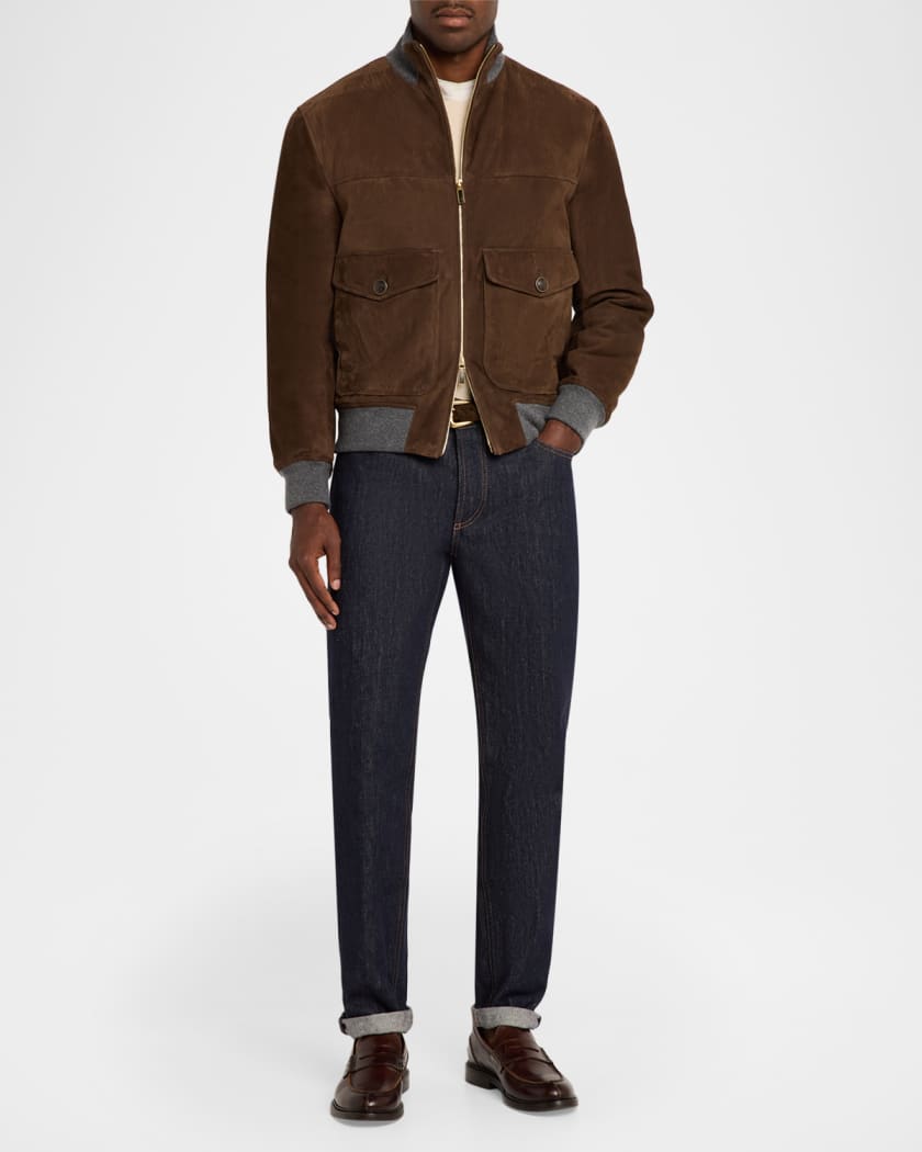 Brunello Cucinelli Men's Suede Knit-Trim Bomber Jacket | Neiman Marcus