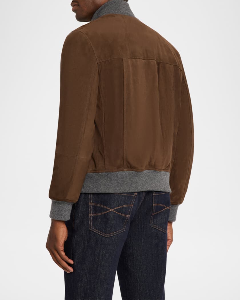 Brunello Cucinelli Men's Suede Knit-Trim Bomber Jacket | Neiman Marcus