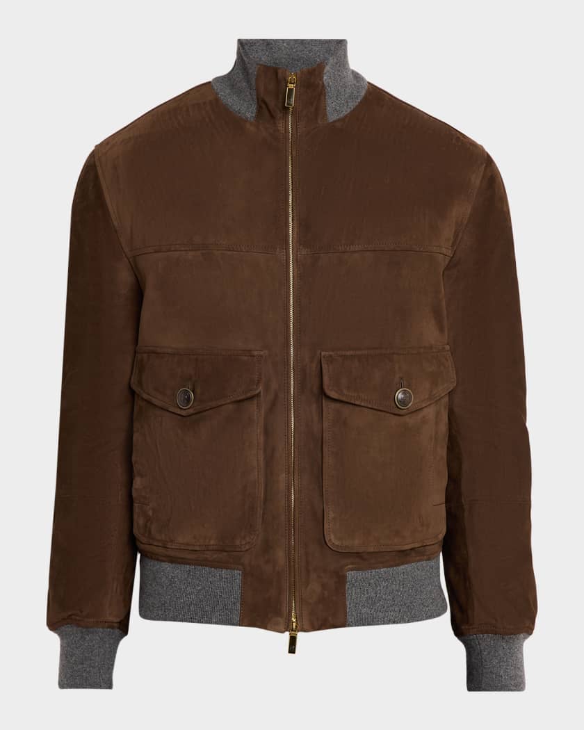 Brunello Cucinelli Men's Suede Knit-Trim Bomber Jacket | Neiman Marcus