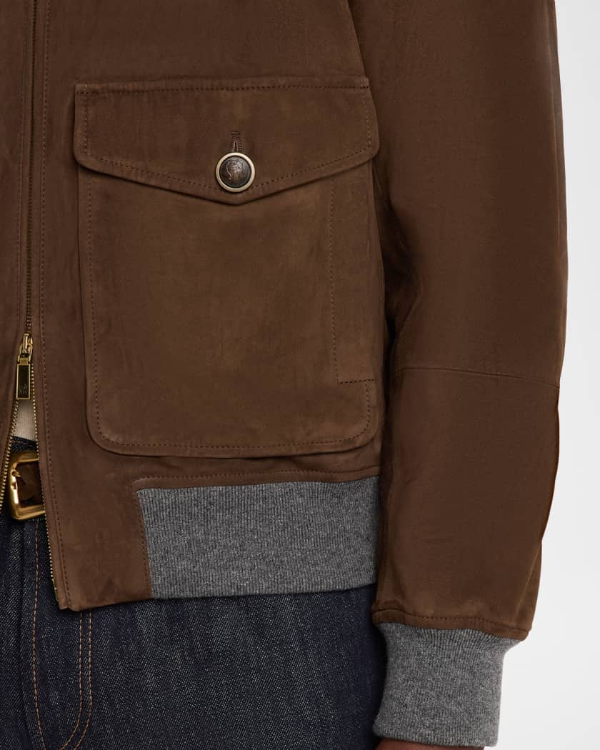 Brunello Cucinelli Men's Suede Knit-Trim Bomber Jacket | Neiman Marcus