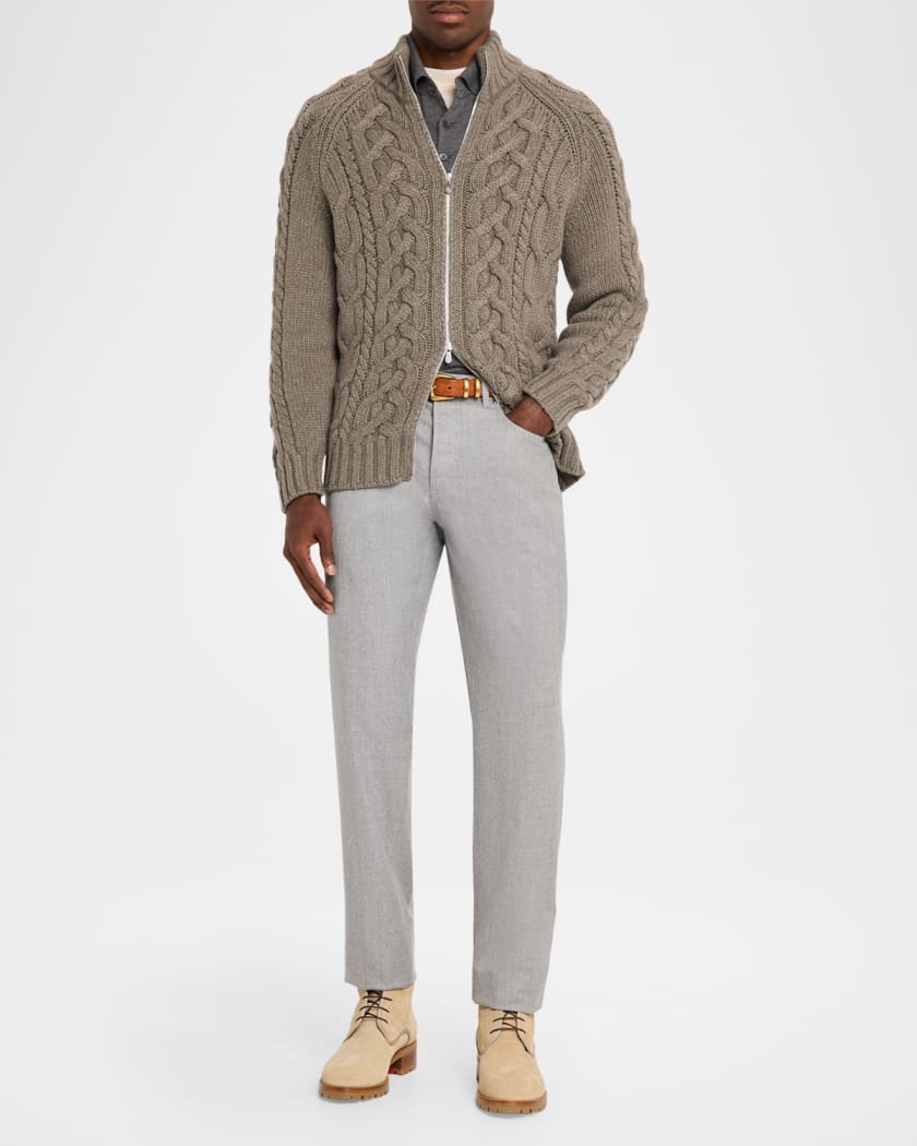 Brunello Cucinelli Men's Lofted Cashmere Cable Knit Full-Zip