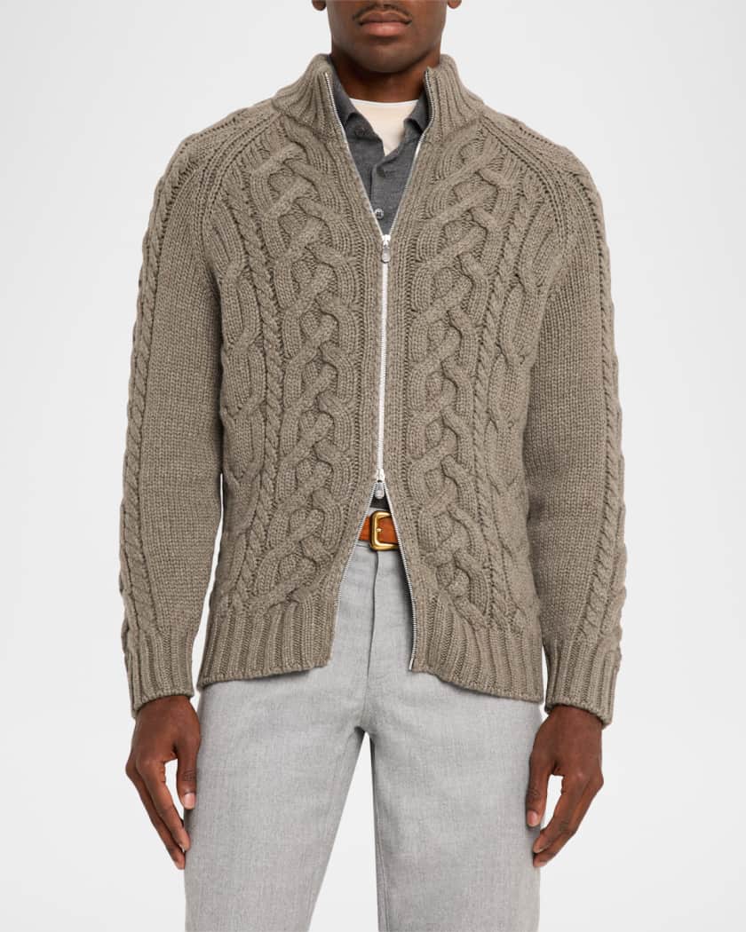 Brunello Cucinelli Men's Lofted Cashmere Cable Knit Full-Zip