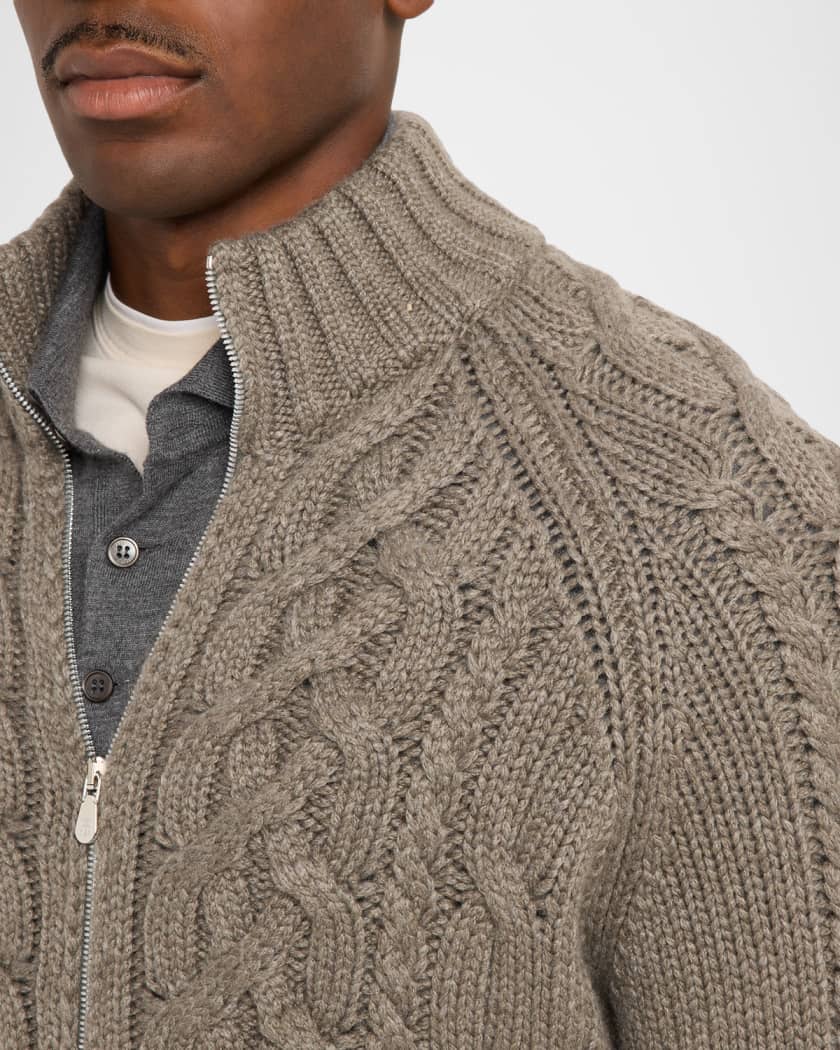 Brunello Cucinelli Men's Lofted Cashmere Cable Knit Full-Zip