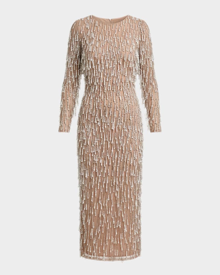 Mac Duggal - Beige Long Sleeve Midi Dress with Embellished Fringe - Ivory Nude / US 2