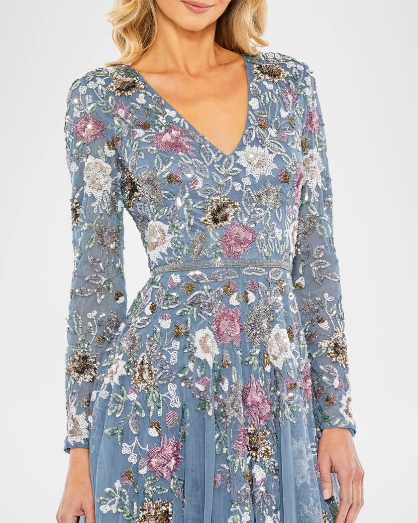 Mac Duggal Floral Beaded Mesh Midi Dress | Neiman Marcus