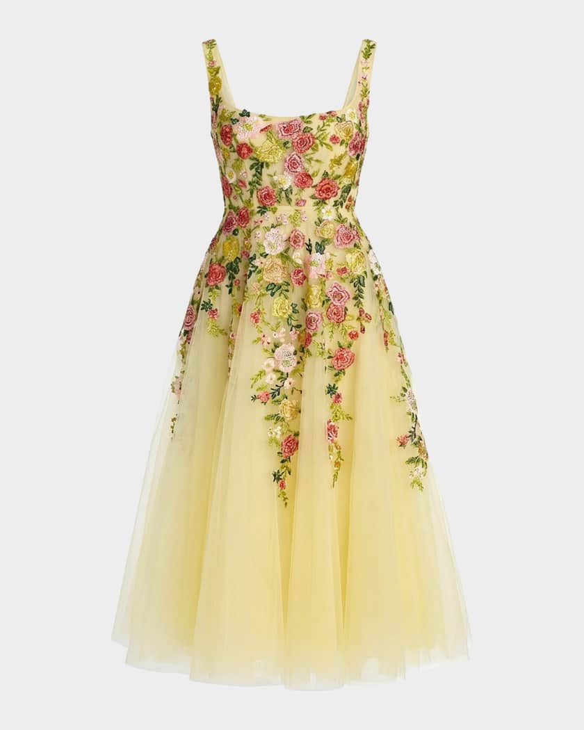 Mac Duggal Floral-Embroidered Tulle A-Line Midi Dress | Neiman Marcus