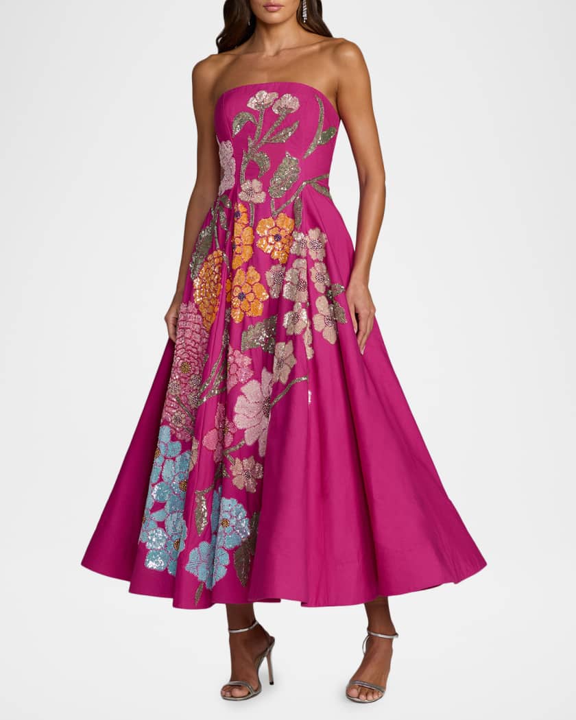 Mac Duggal Strapless Floral-Embellished A-Line Midi Dress