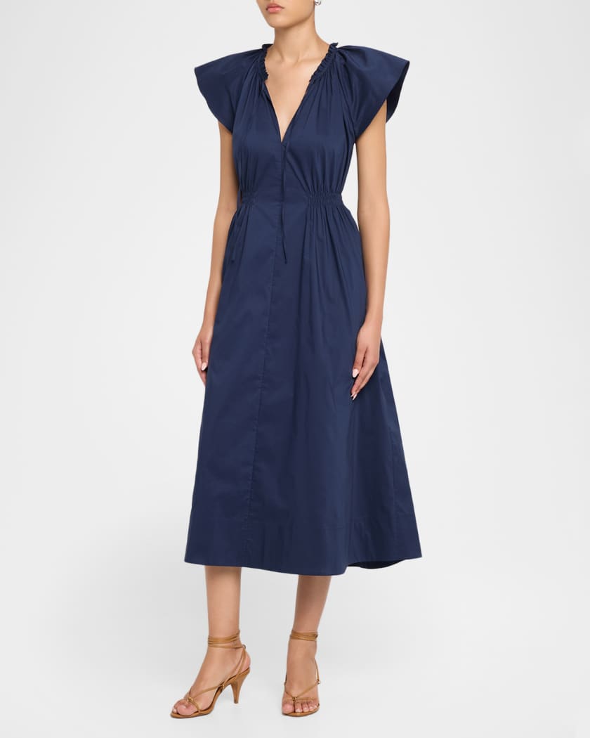 Tanya Taylor Ivana Smocked Cotton-Blend Midi Dress | Neiman Marcus