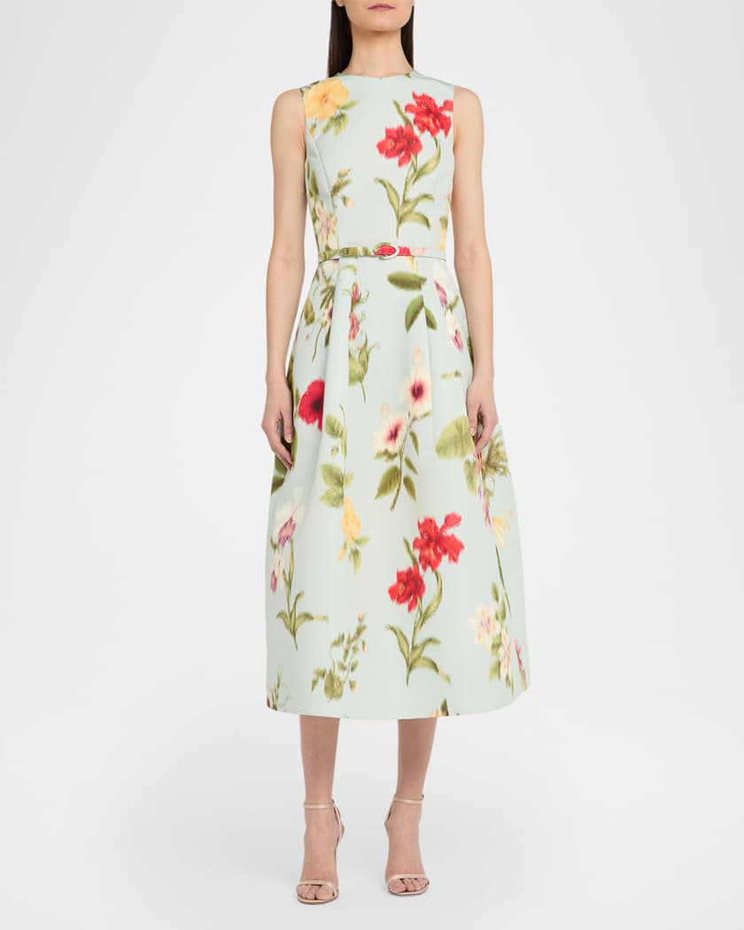 Oscar de la Renta Chine Multi Floral-Print Belted Midi Dress | Neiman Marcus