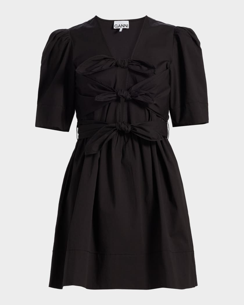 Ganni Tie-Waist Stretch-Cotton A-Line Minidress | Neiman Marcus