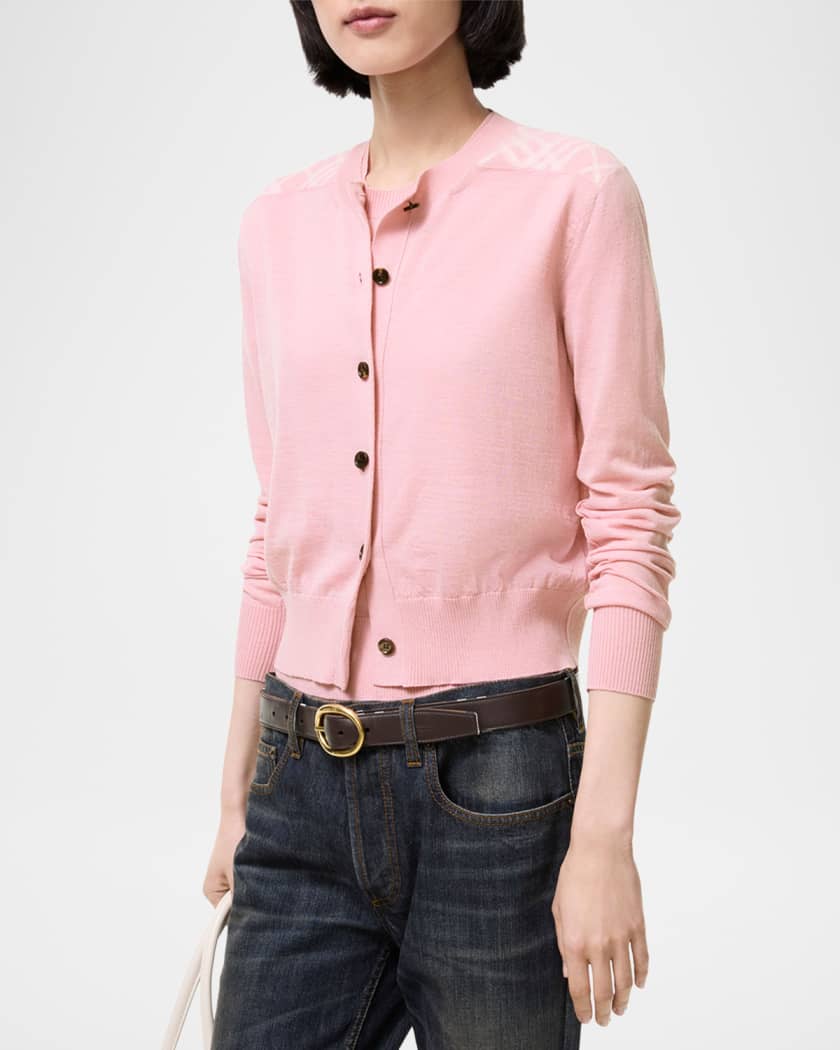 Burberry Wendy Check-Shoulder Wool Crewneck Cardigan | Neiman Marcus