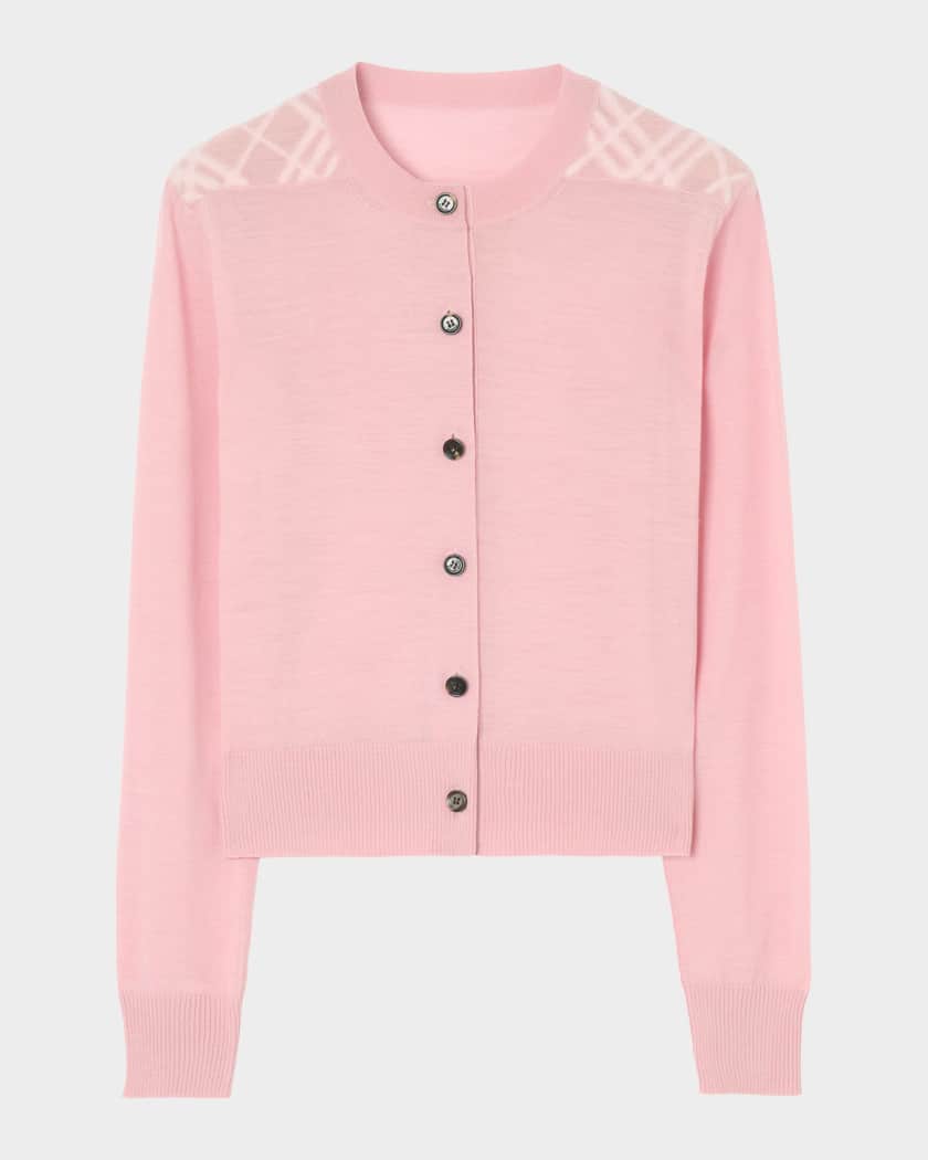 Burberry Wendy Check-Shoulder Wool Crewneck Cardigan | Neiman Marcus