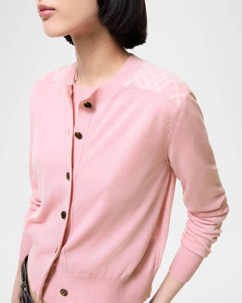 Burberry Wendy Check-Shoulder Wool Crewneck Cardigan | Neiman Marcus