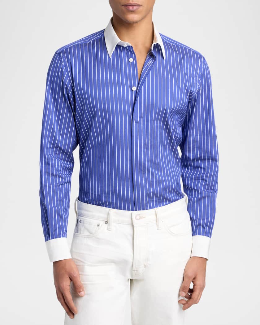 contrast trim dress shirt TOM FORD Men's Silk Pinstripe Contrast-Trim Dress Shirt