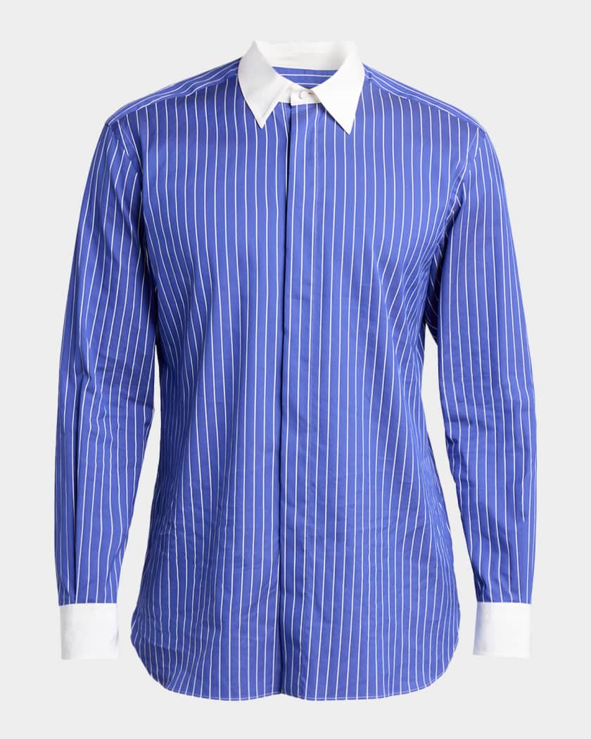 men's dress shirt with contrast trim TOM FORD Men's Silk Pinstripe Contrast-Trim Dress Shirt