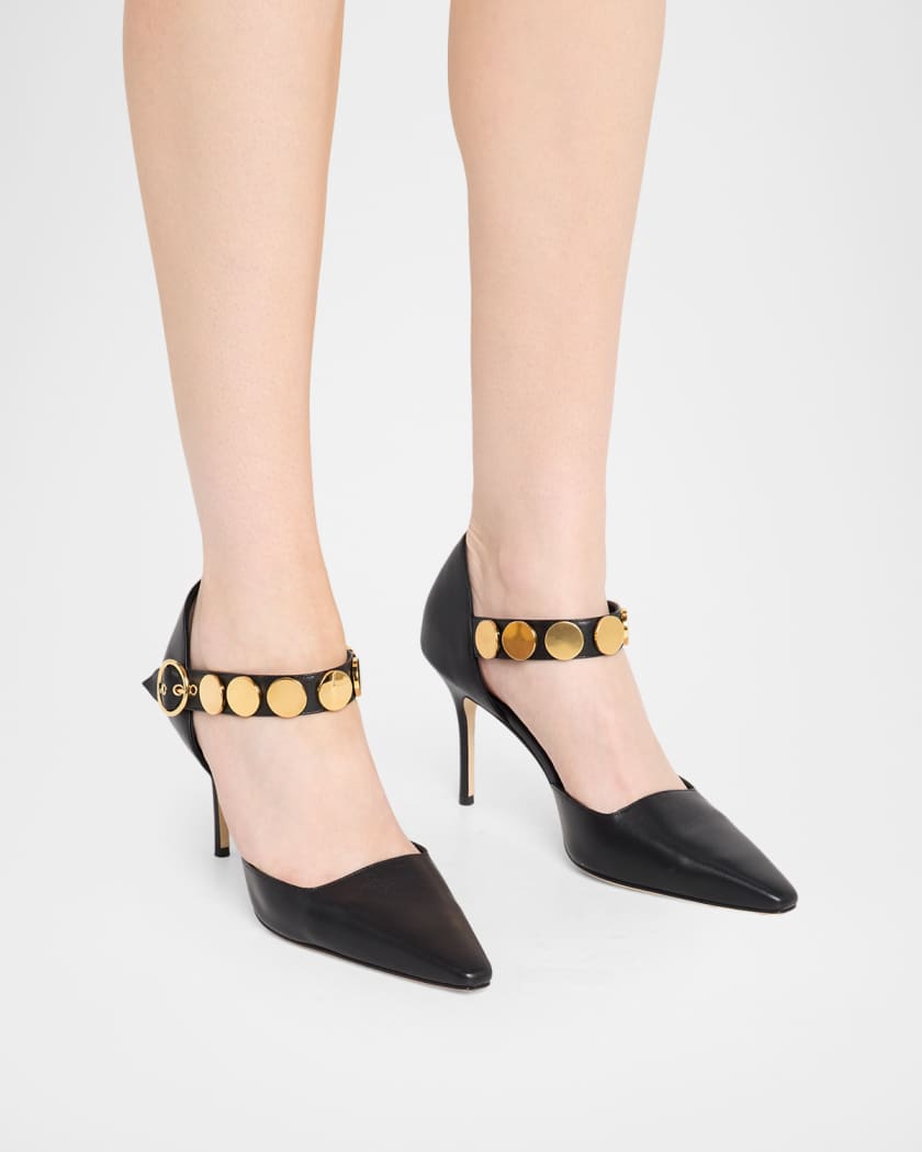 Manolo Blahnik 90mm Morgana Studded Leather Ankle-Strap Pumps
