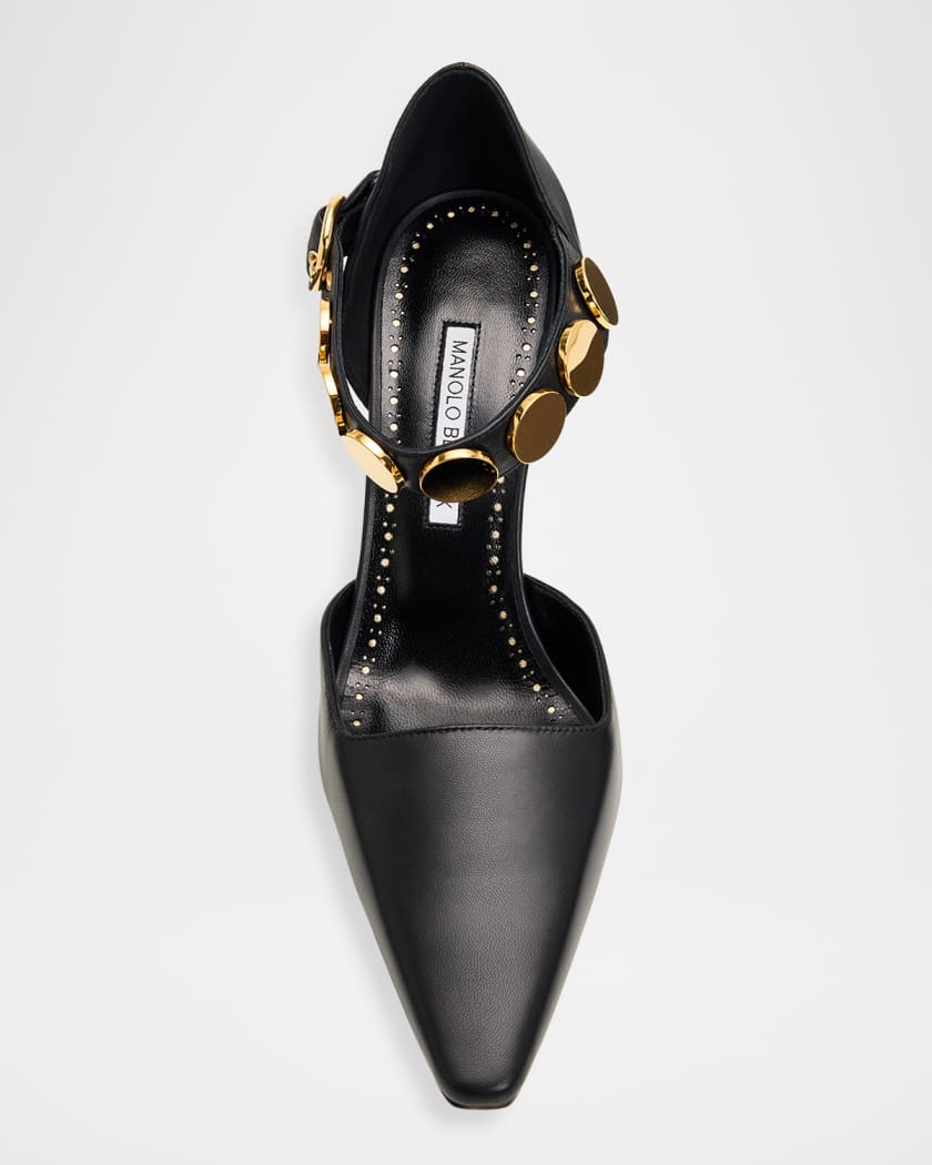 Manolo Blahnik 90mm Morgana Studded Leather Ankle-Strap Pumps
