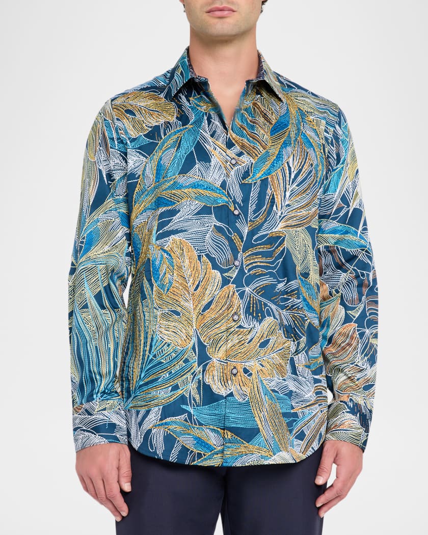 Robert Graham Men's Chorro Embroidered Leaf Print Shirt | Neiman