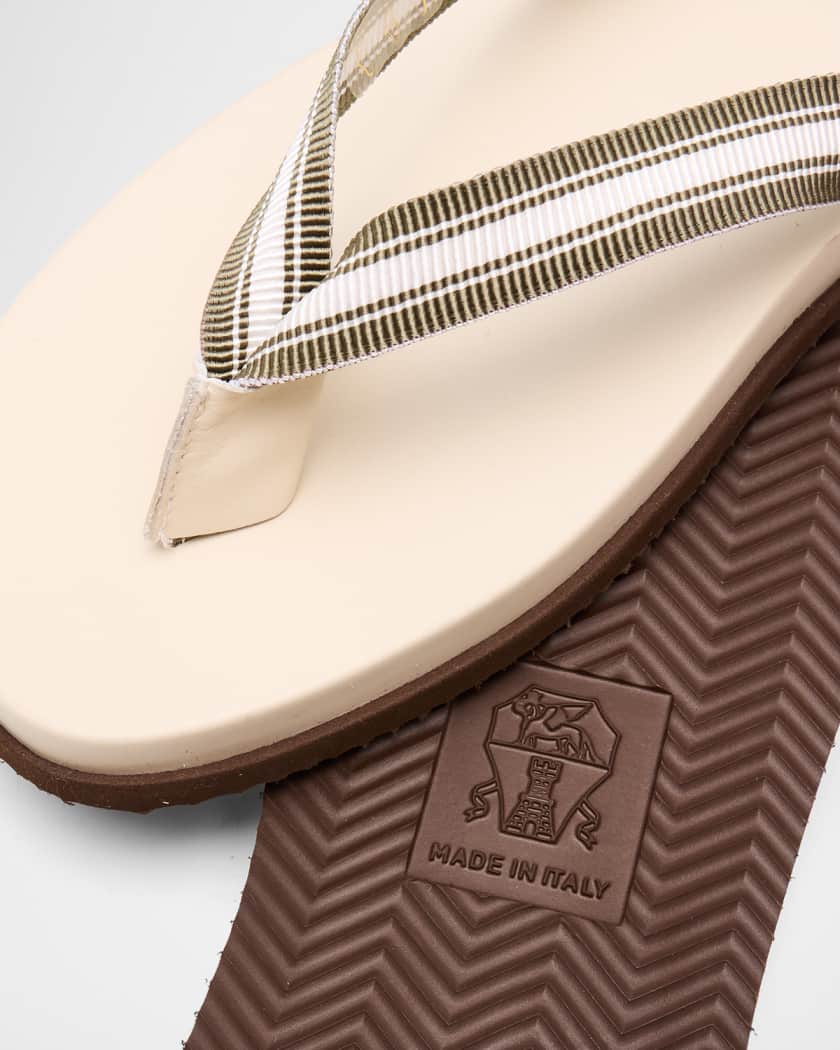Brunello Cucinelli Men's Leather Grosgrain-Stripe Flip-Flops