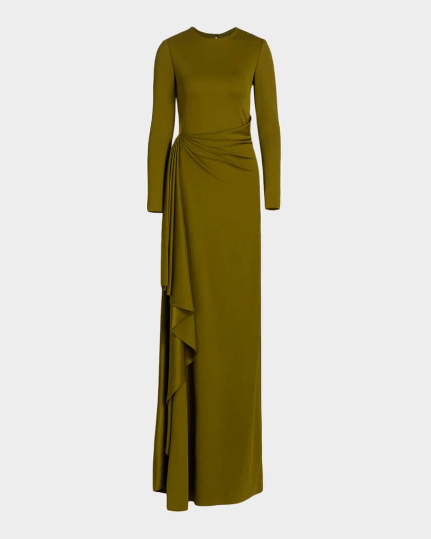 Oscar de la Renta Long-Sleeve Draped Satin Jersey Gown | Neiman Marcus