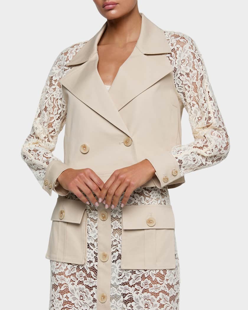 L'Agence Novelle Cropped Lace-Sleeve Trench Coat | Neiman Marcus