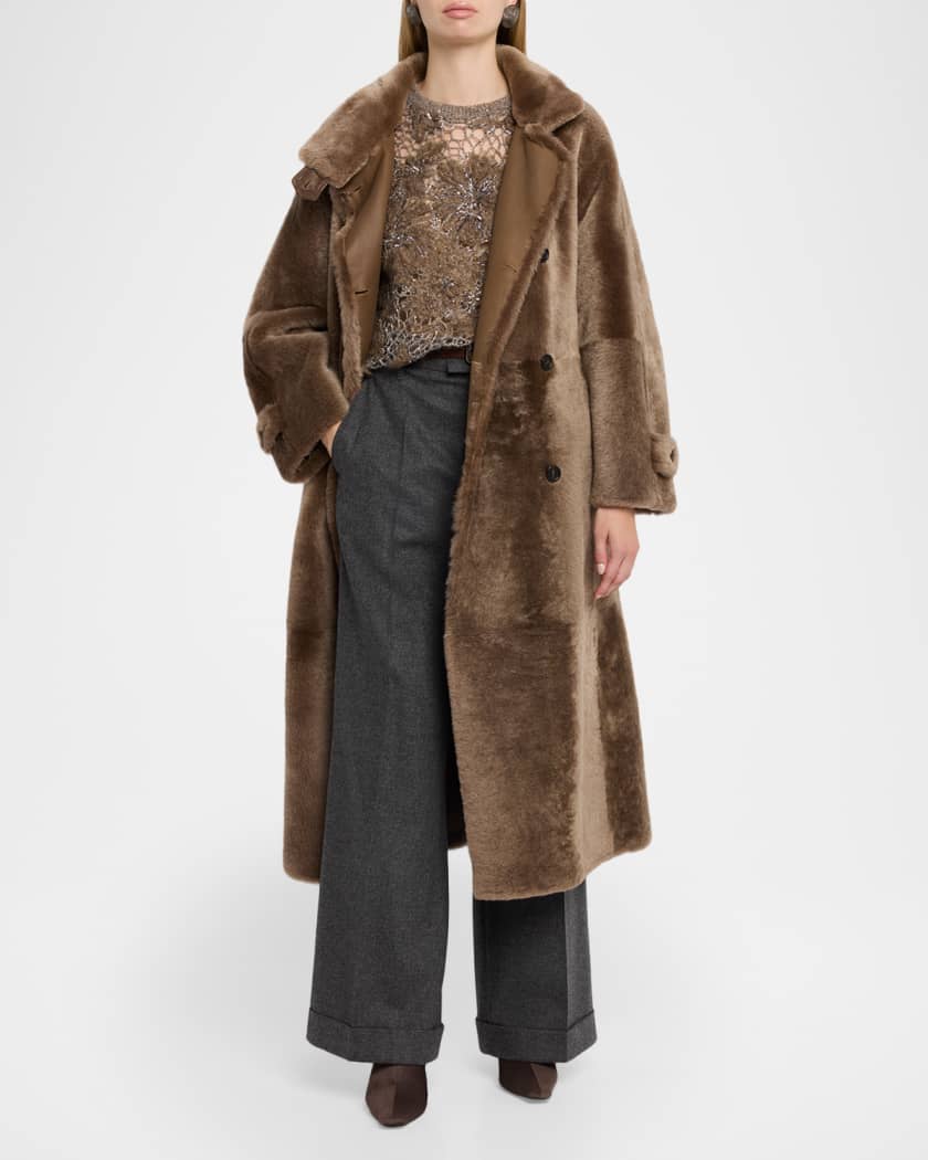 Brunello Cucinelli Lamb Shearling Belted Long Coat | Neiman Marcus