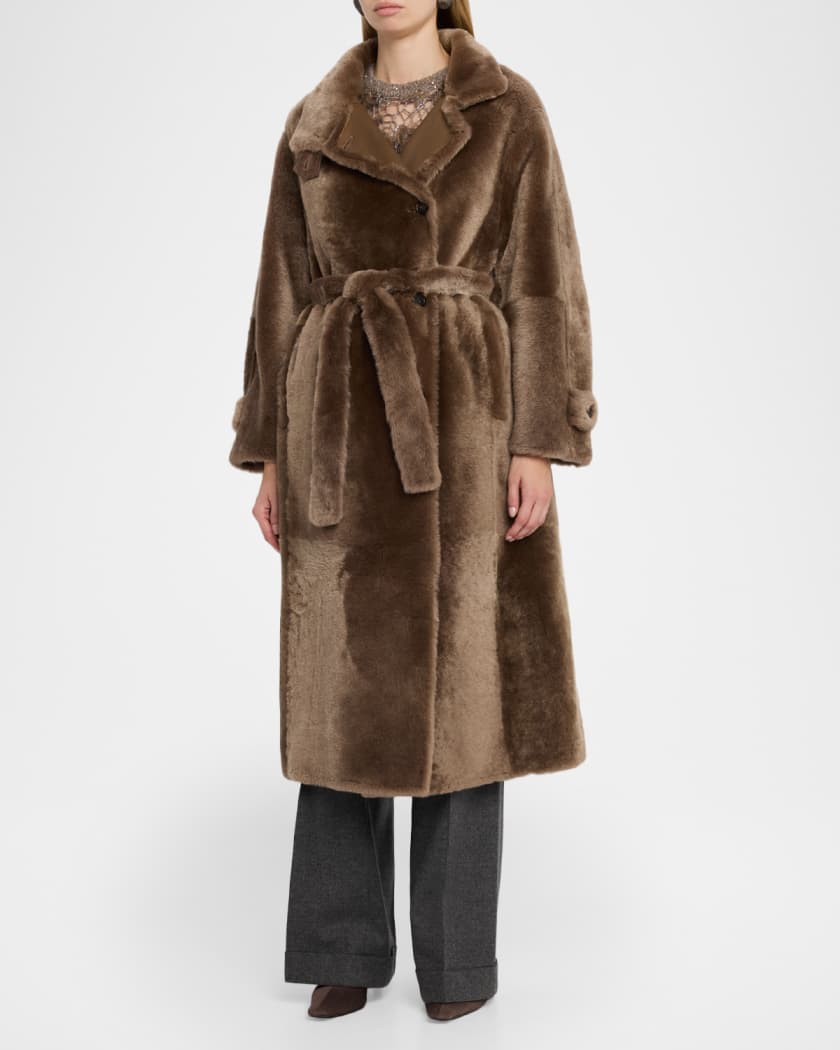 Brunello Cucinelli Lamb Shearling Belted Long Coat | Neiman Marcus